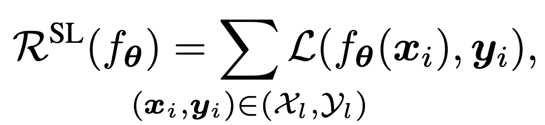 $$\mathcal{R}^{\text{SL}}(f_{\boldsymbol{\theta}}) = \mathcal{R}^{\text{SL}}(f_{\boldsymbol{\theta}}) + \sum_{\smash{ (\boldsymbol{x}_i,\boldsymbol{y}_i) \in \mathcal{A} }} \mathcal{L} (f*{\boldsymbol{\theta}}(\boldsymbol{x}_i), {\boldsymbol{y}_i})$$