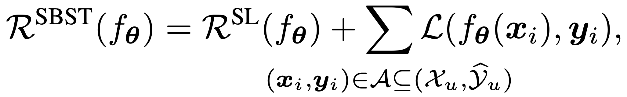 $$\mathcal{R}^{\text{SL}}(f_{\boldsymbol{\theta}}) = \mathcal{R}^{\text{SL}}(f_{\boldsymbol{\theta}}) + \sum_{\smash{ (\boldsymbol{x}_i,\boldsymbol{y}_i) \in \mathcal{A} }} \mathcal{L} (f*{\boldsymbol{\theta}}(\boldsymbol{x}_i), {\boldsymbol{y}_i})$$